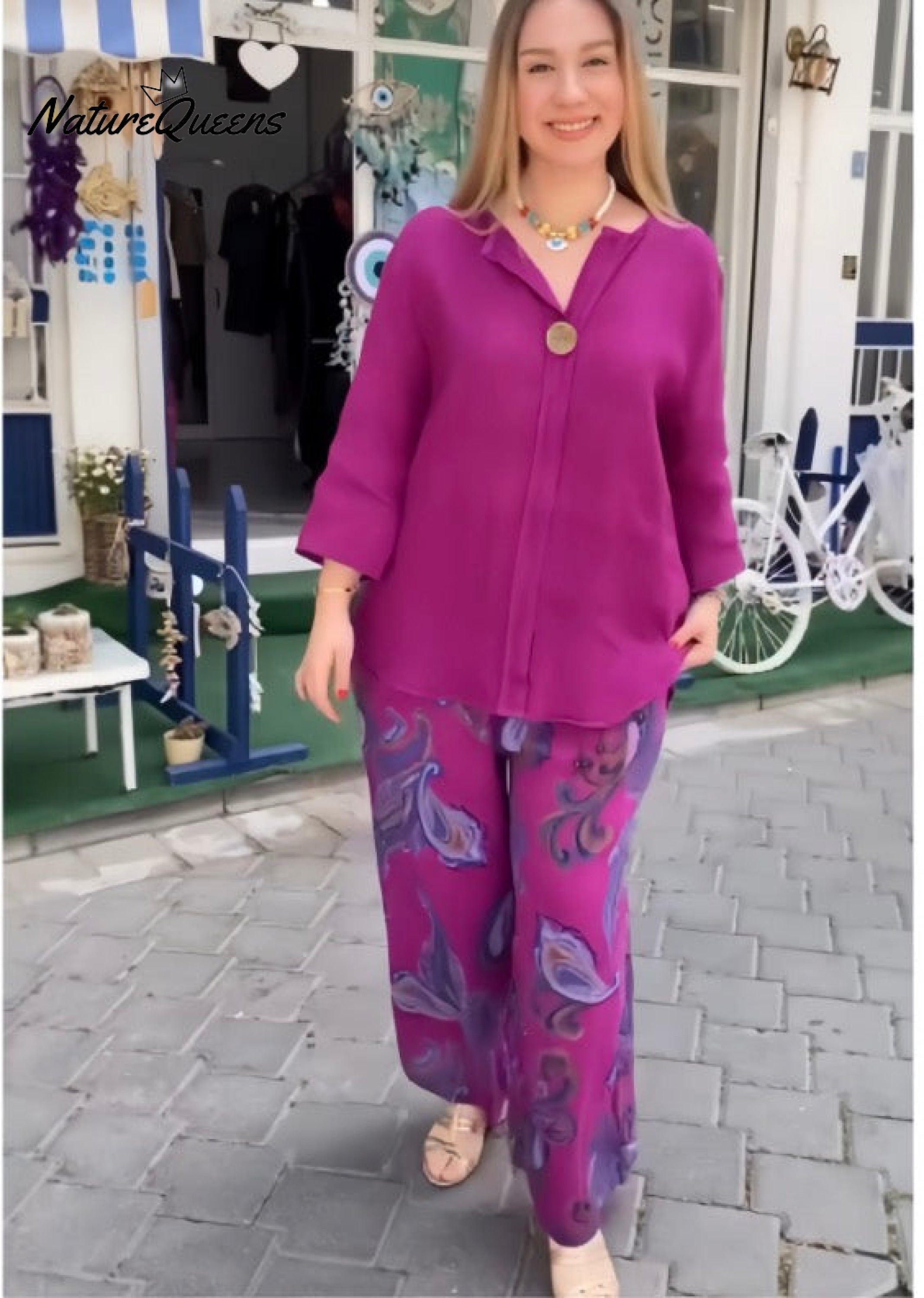 Women's Vintage Boho Floral Print Loose Cotton And Linen Long-sleeved Tops And Straight Pants Two-piece Set-Soliroyal