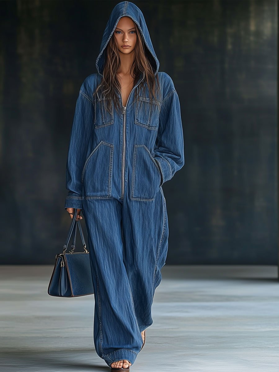 Casual Loose Retro Pocket Long Sleeve Hooded Zipper Denim Jumpsuit-Soliroyal
