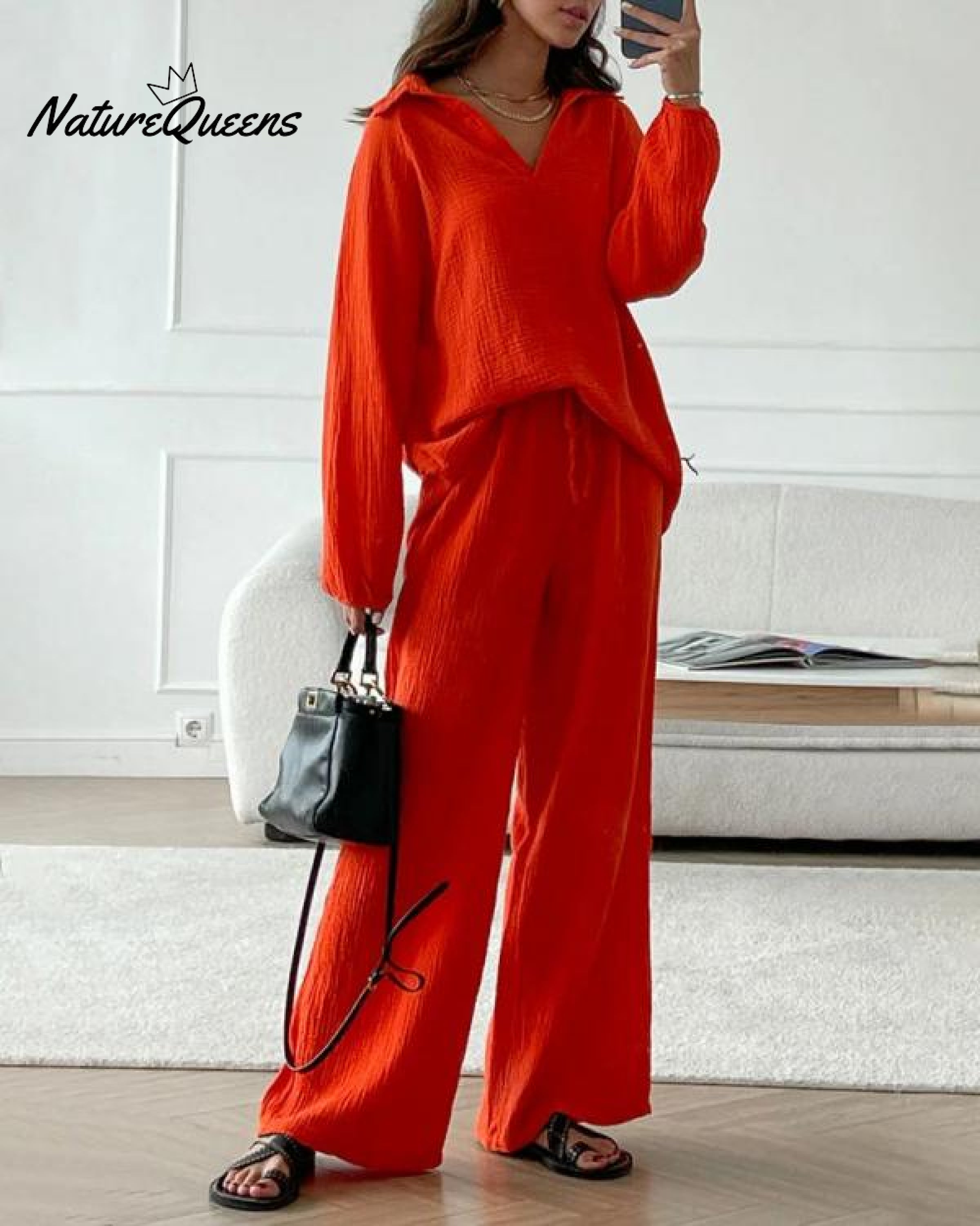 Casual Two-Pieces Outfits Solid Color Casual Top Loose Bootcut Trousers Pants Sets-Soliroyal