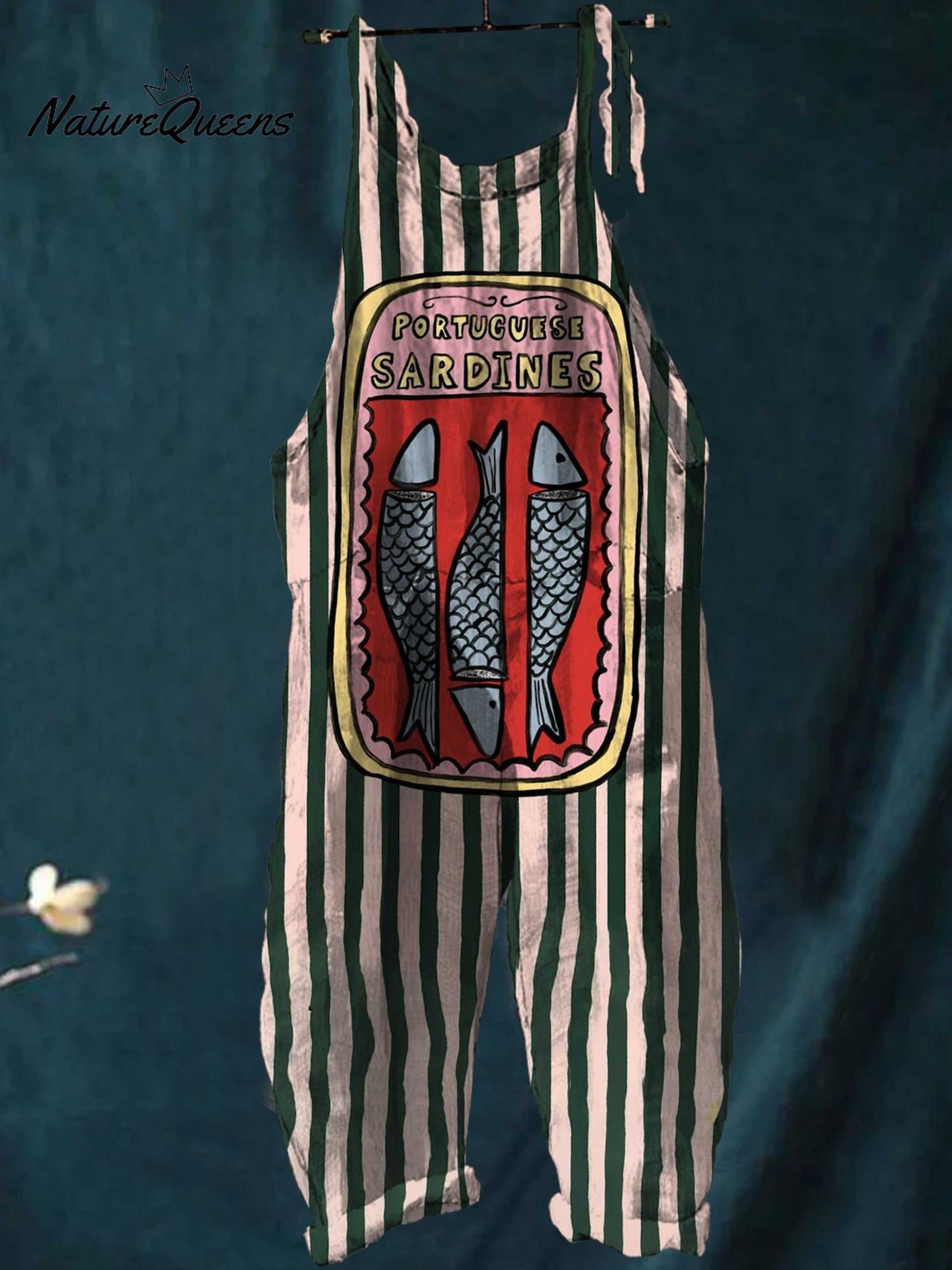 Women's Canned Sardines with Pink and Green Lines Print Casual 100% Cotton Wide Leg Jumpsuit-Soliroyal