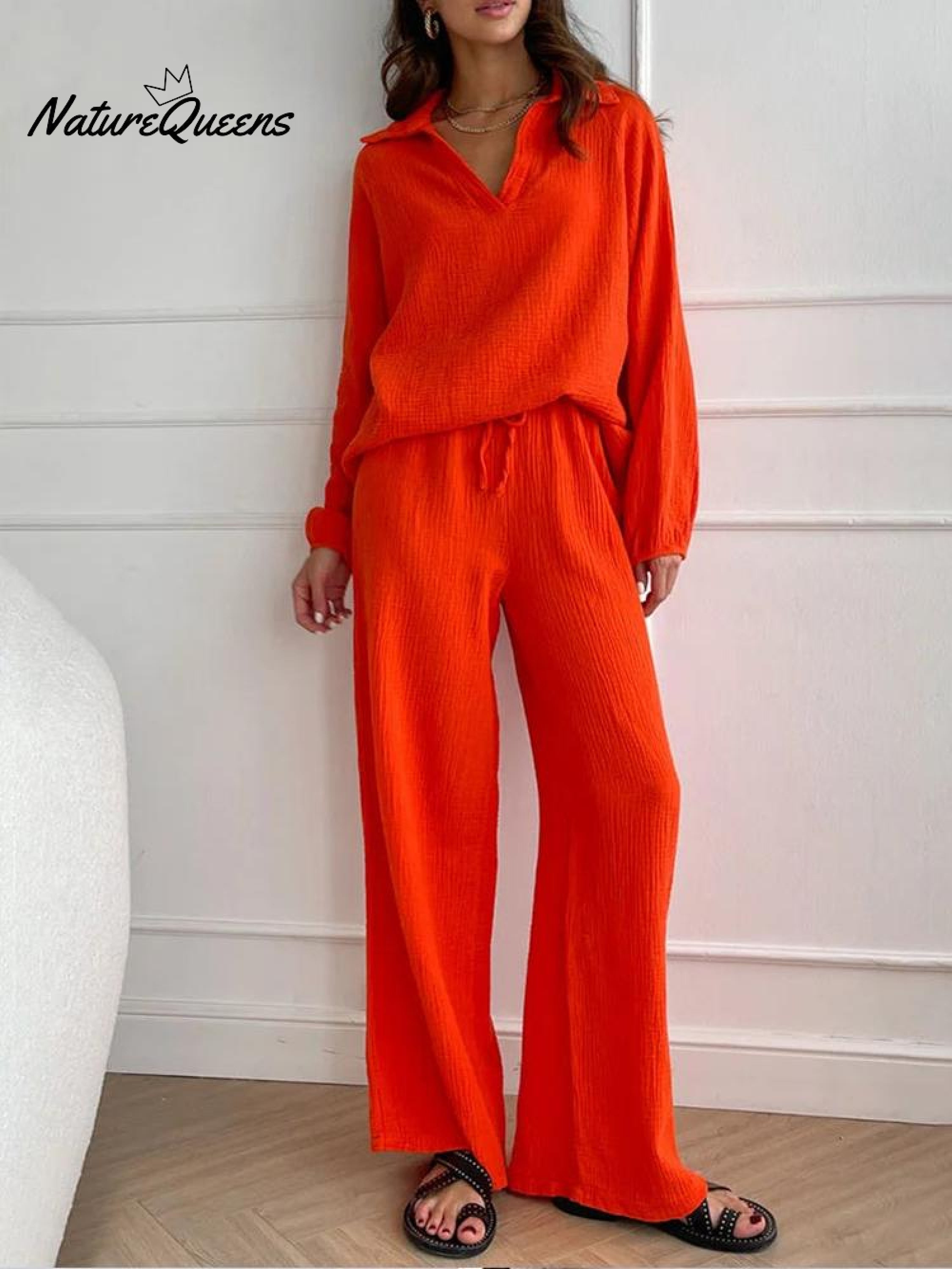 Casual Two-Pieces Outfits Solid Color Casual Top Loose Bootcut Trousers Pants Sets-Soliroyal