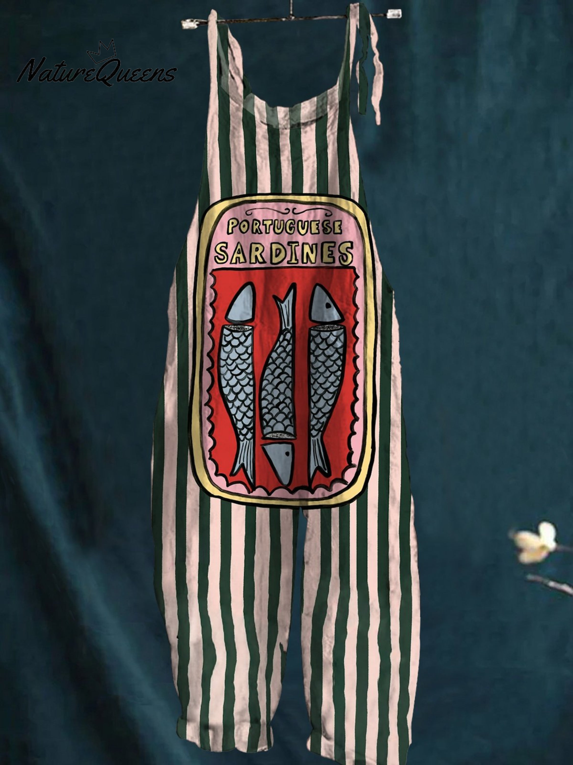 Women's Canned Sardines with Pink and Green Lines Print Casual 100% Cotton Wide Leg Jumpsuit-Soliroyal