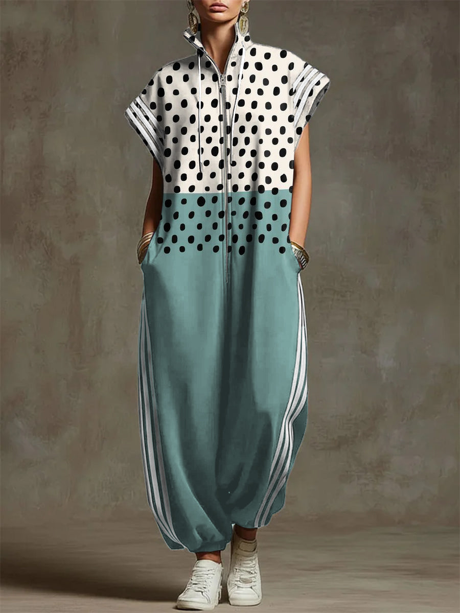 Women's Vintage Geometric Art Print Stand-collar Short-sleeved Casual Loose Cotton Wide-leg Jumpsuit-Soliroyal