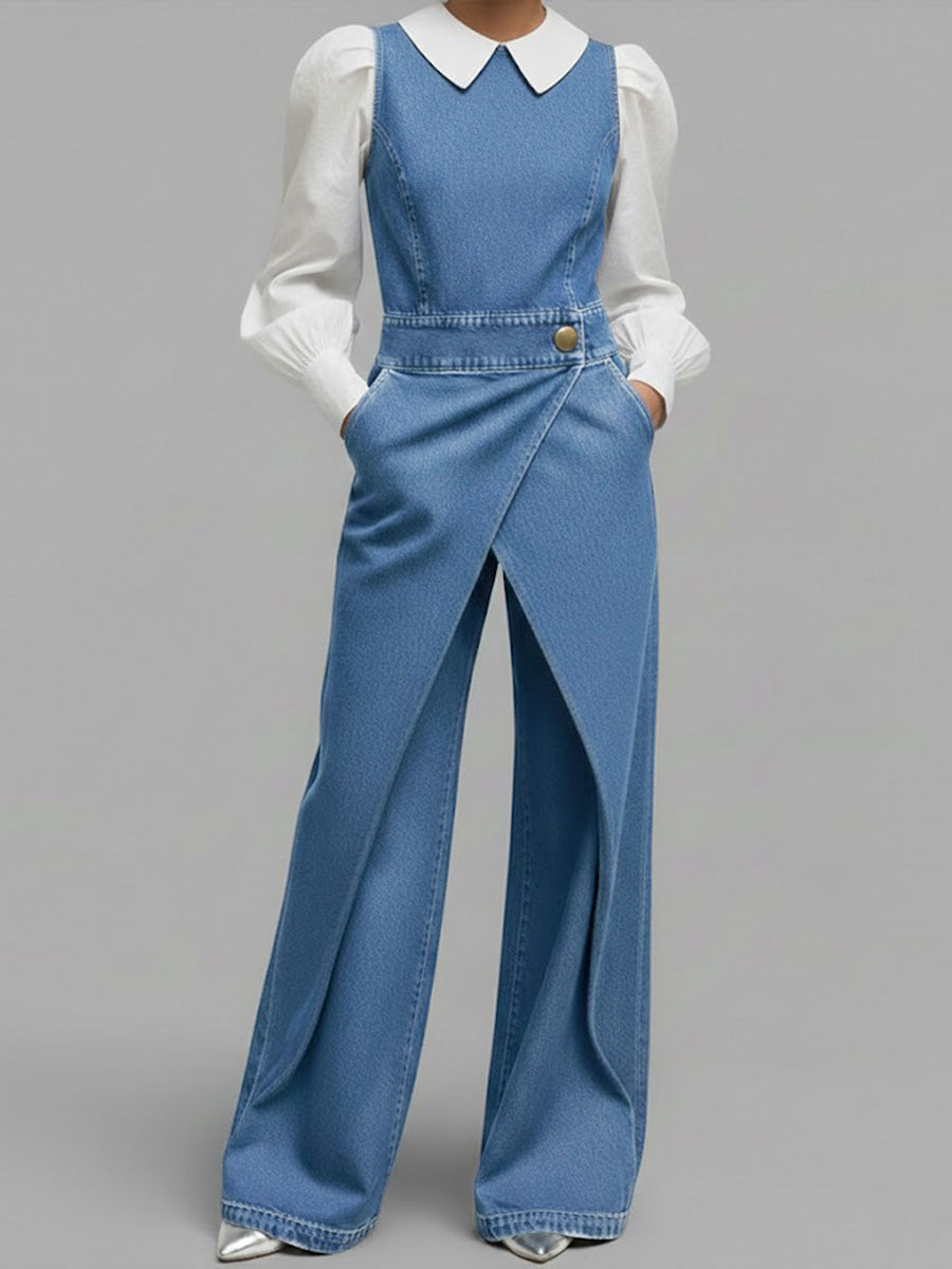 Women's Relaxed Round Neck Sleeveless Casual Loose Denim Wide-leg Jumpsuit-Soliroyal