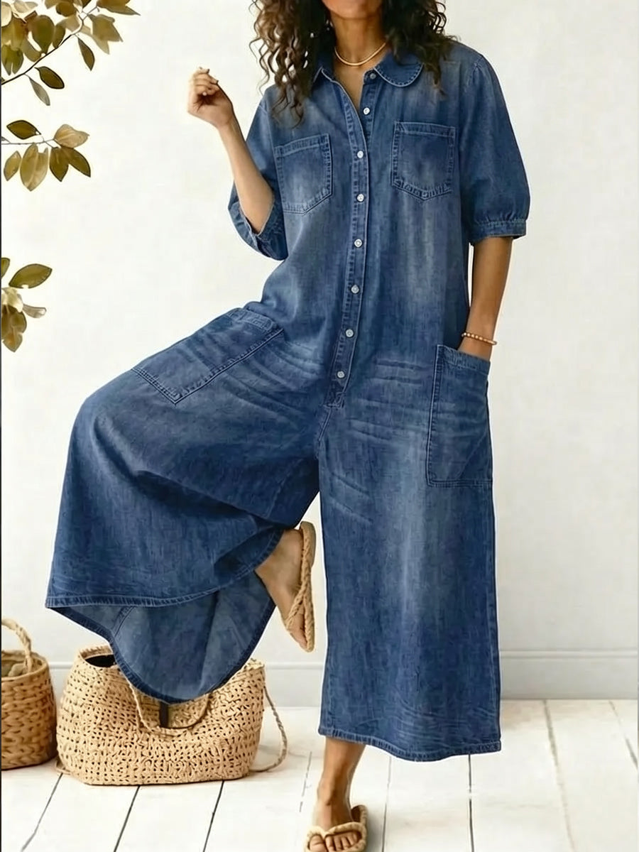 Women's Casual Peter Pan Collar Cotton Denim Wide-leg Jumpsuit-Soliroyal