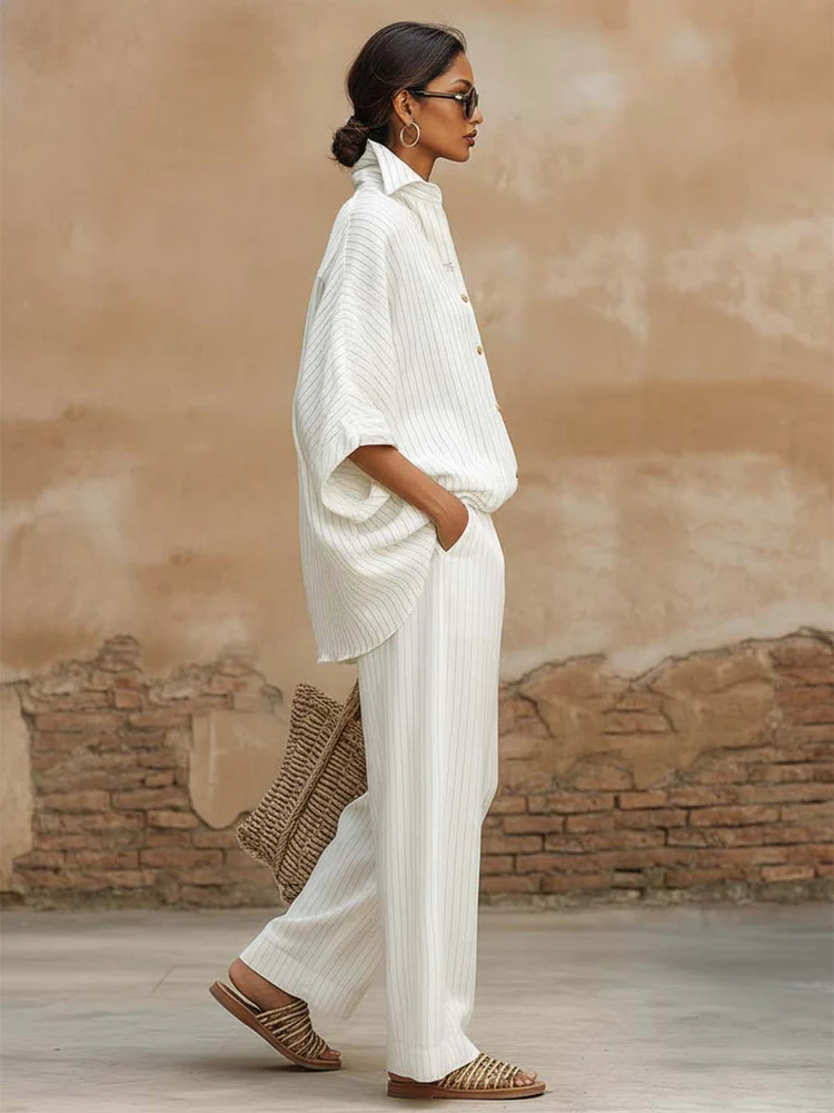 Elegant Classic Striped Shirt And Wide-leg Pants Two-piece Set-Soliroyal