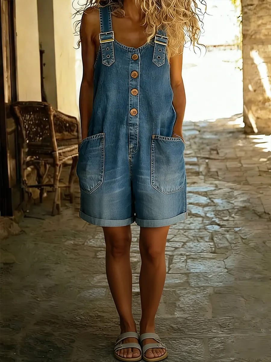 Casual Adjustable-strap Denim Jumpsuit Shorts-Soliroyal