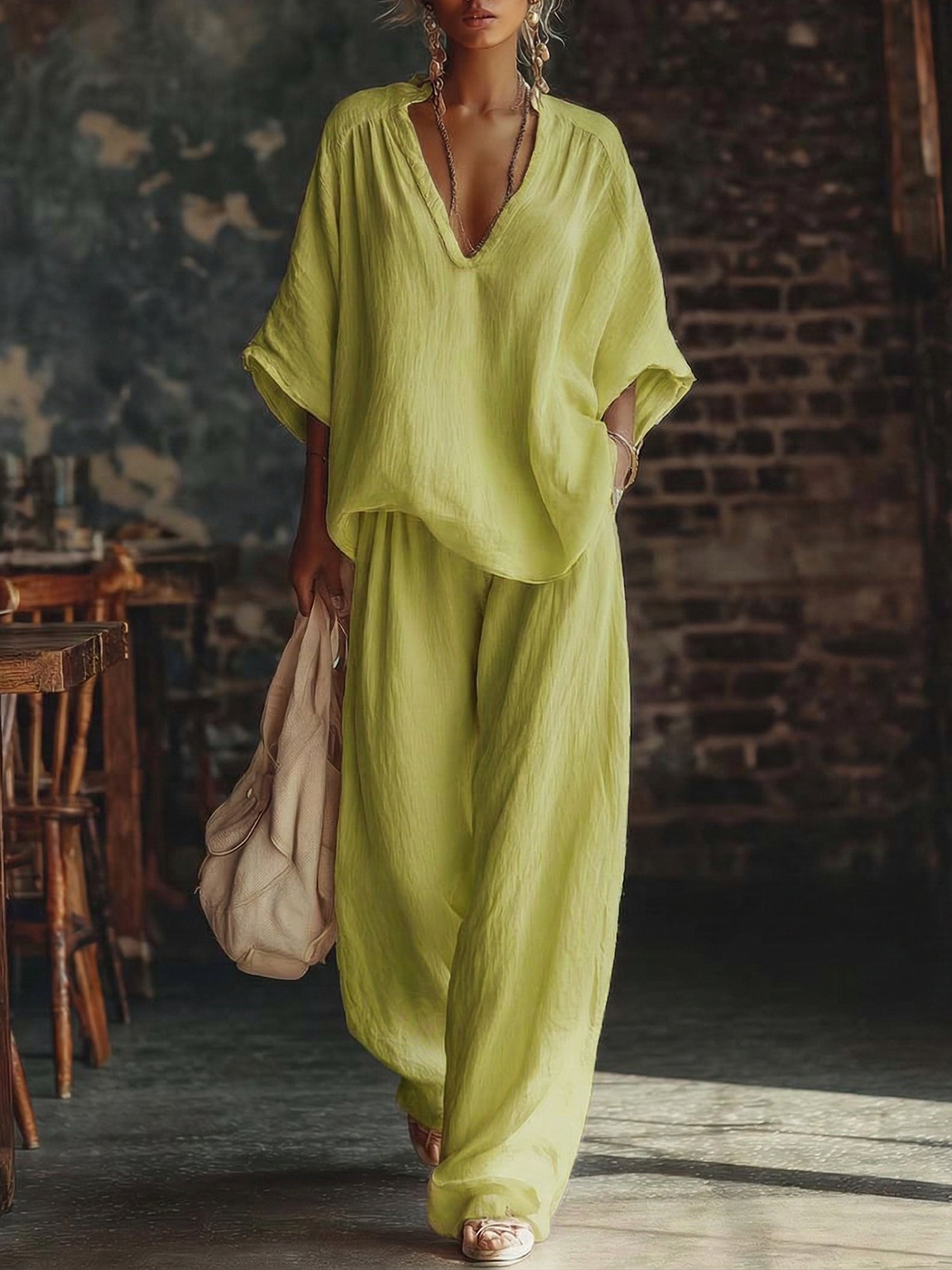 Cozy Minimalist Loose Linen Cotton Two-piece Set-Soliroyal