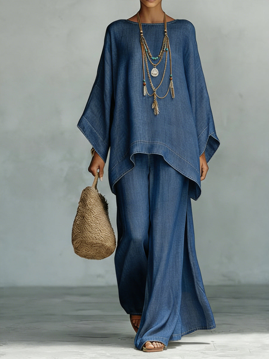 Cozy And Casual Tencel Denim Top And Wide-leg Pants Two-piece Set-Soliroyal