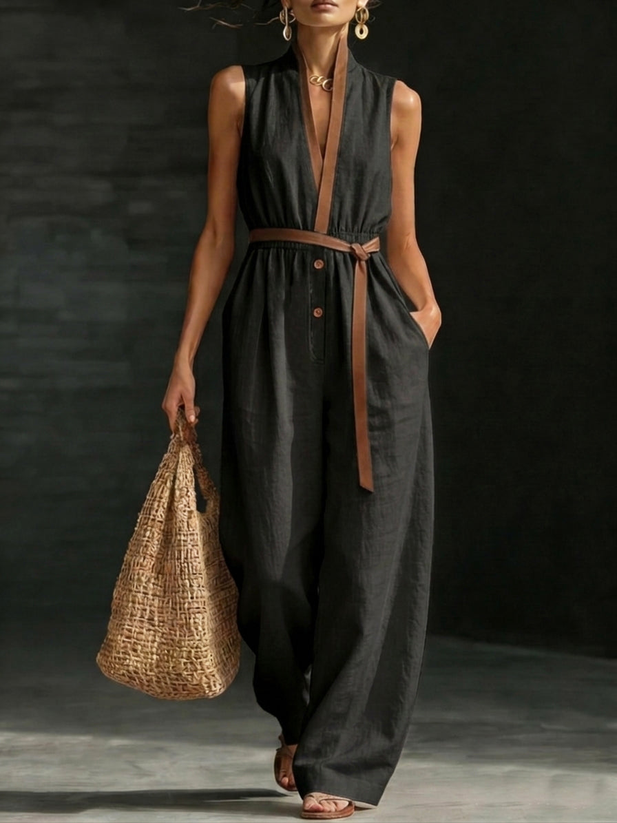 Stylish Elegant Contrasting Trim Stand-up Collar Jumpsuit-Soliroyal