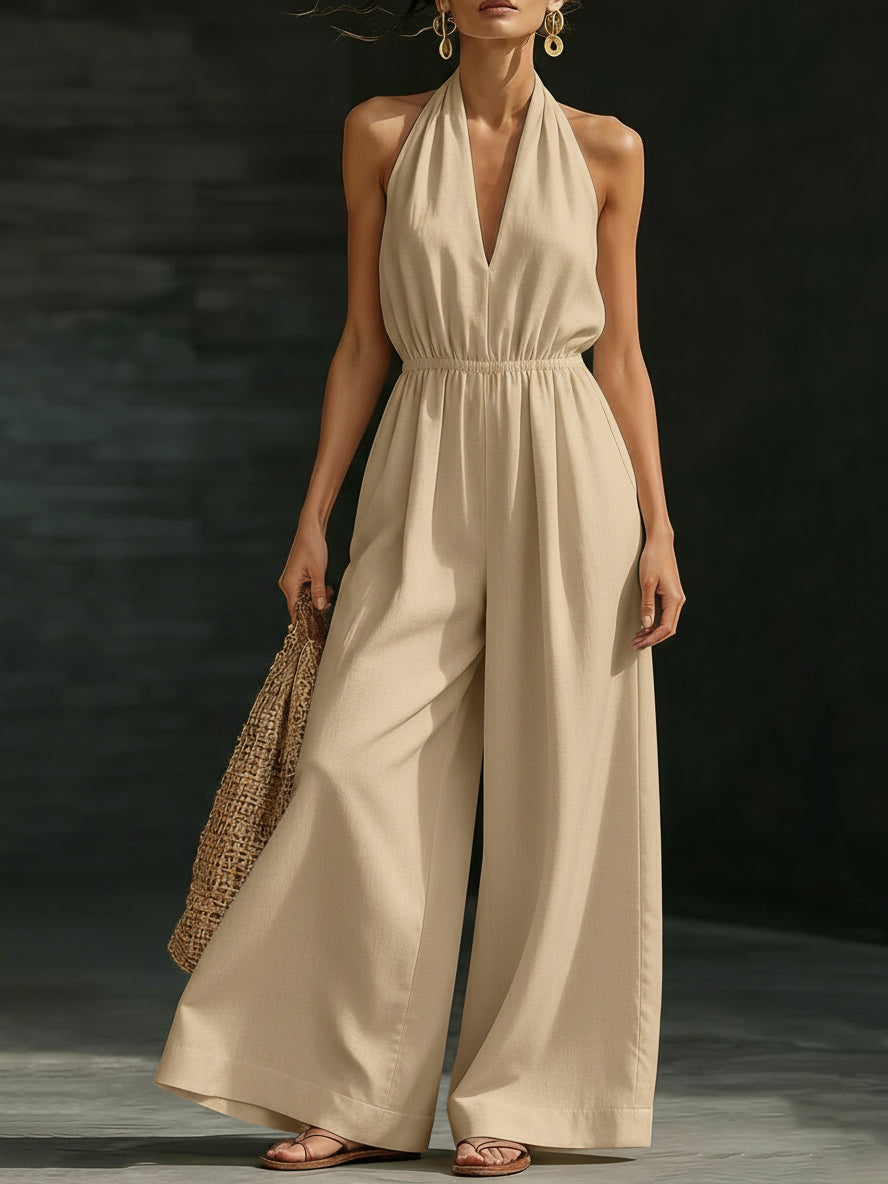 Minimalist And Elegant Halter-neck Wide-leg Linen Jumpsuit-Soliroyal