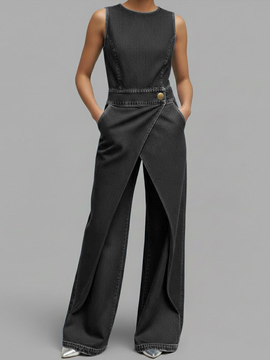 Women's Relaxed Round Neck Sleeveless Casual Loose Denim Wide-leg Jumpsuit-Soliroyal