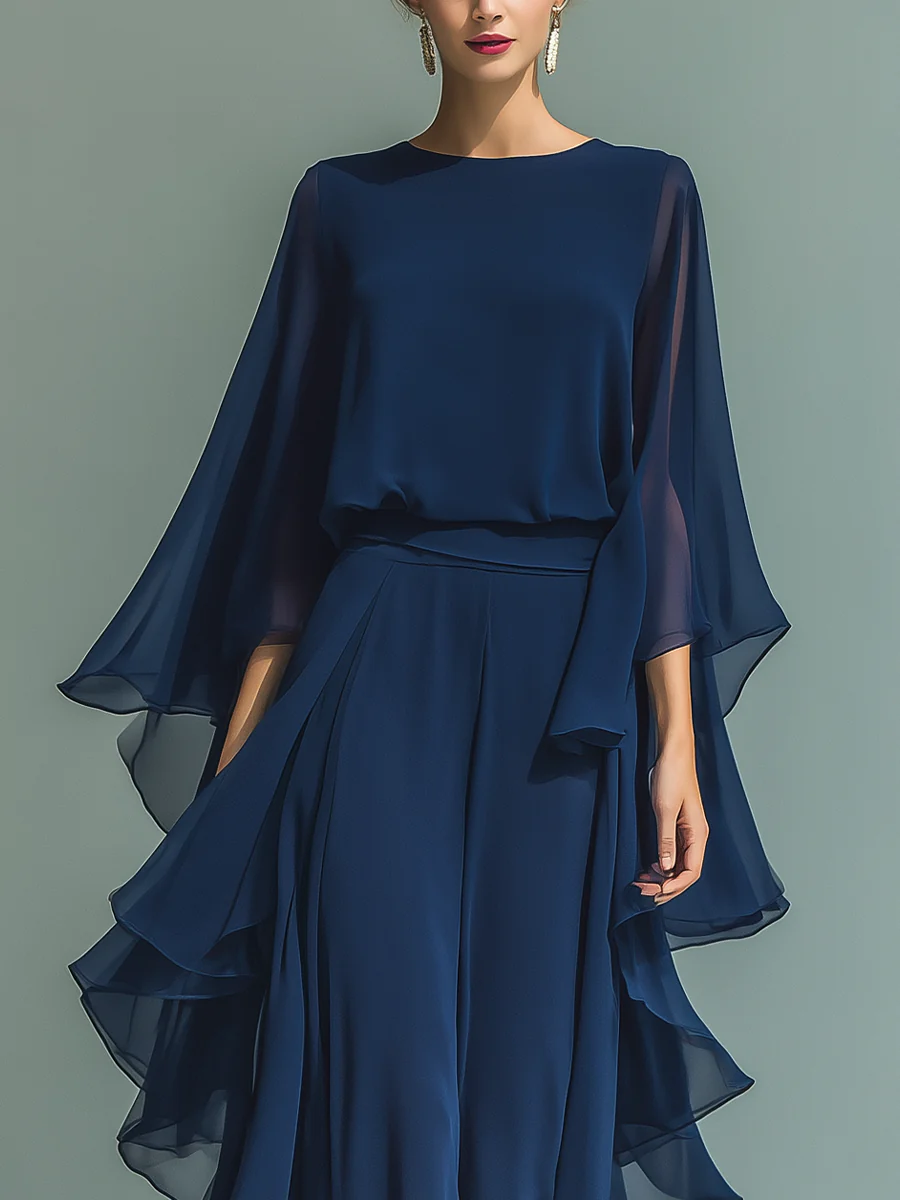 Elegant & Flowy Ruffled Shirt And Wide-leg Pants Two-piece Set-Soliroyal
