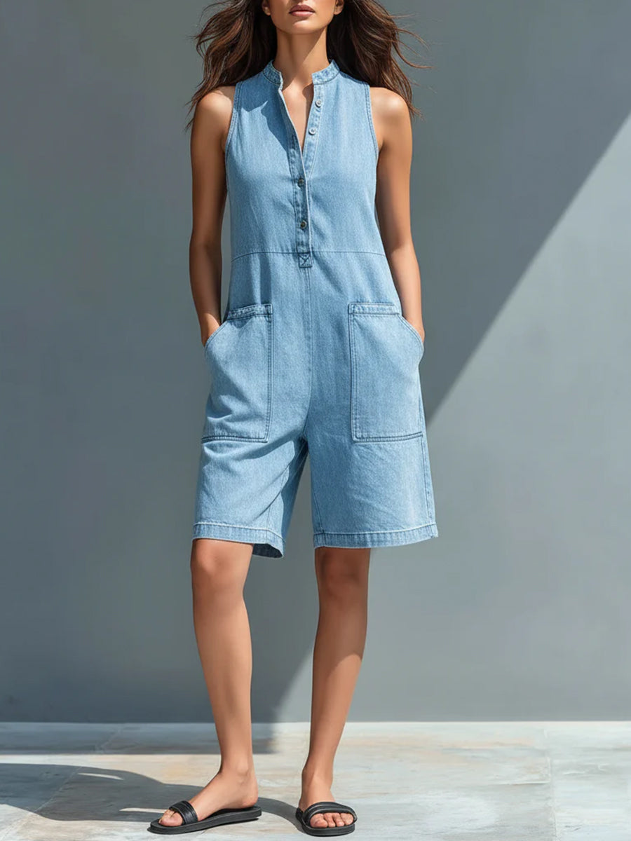 Casual Sleeveless Denim Jumpsuit Shorts-Soliroyal