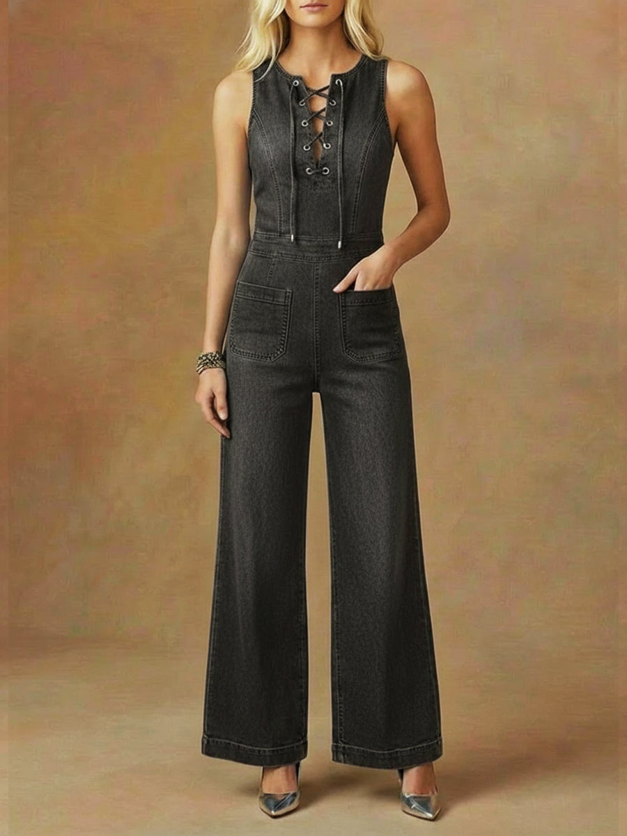 Women's Sleeveless Denim Jumpsuit With Tie-neck Detail-Soliroyal