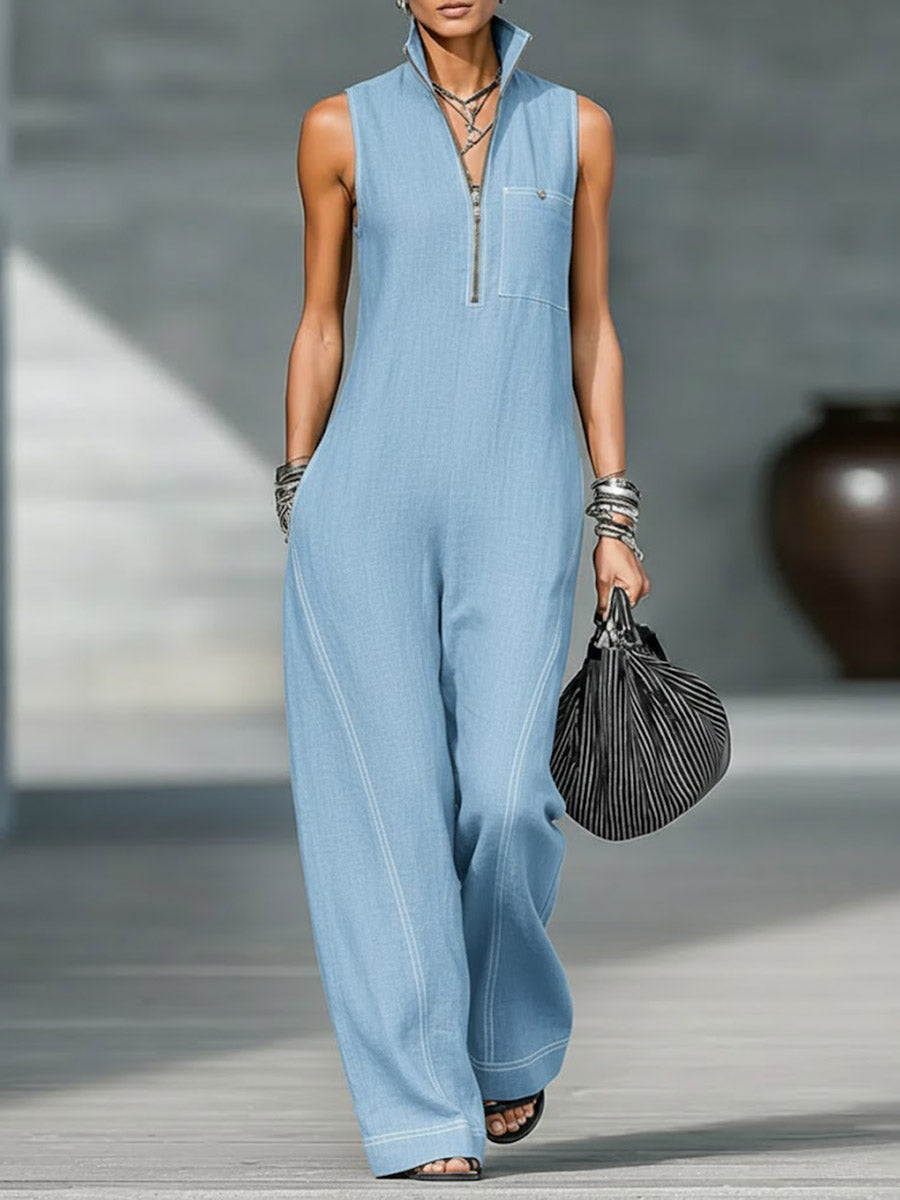 Women's Stand-collar Sleeveless Casual Loose Cotton And Linen Jumpsuit-Soliroyal