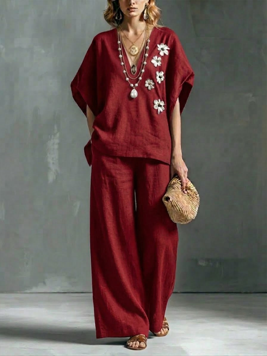 Casual Linen And Cotton Two-piece Set-Soliroyal