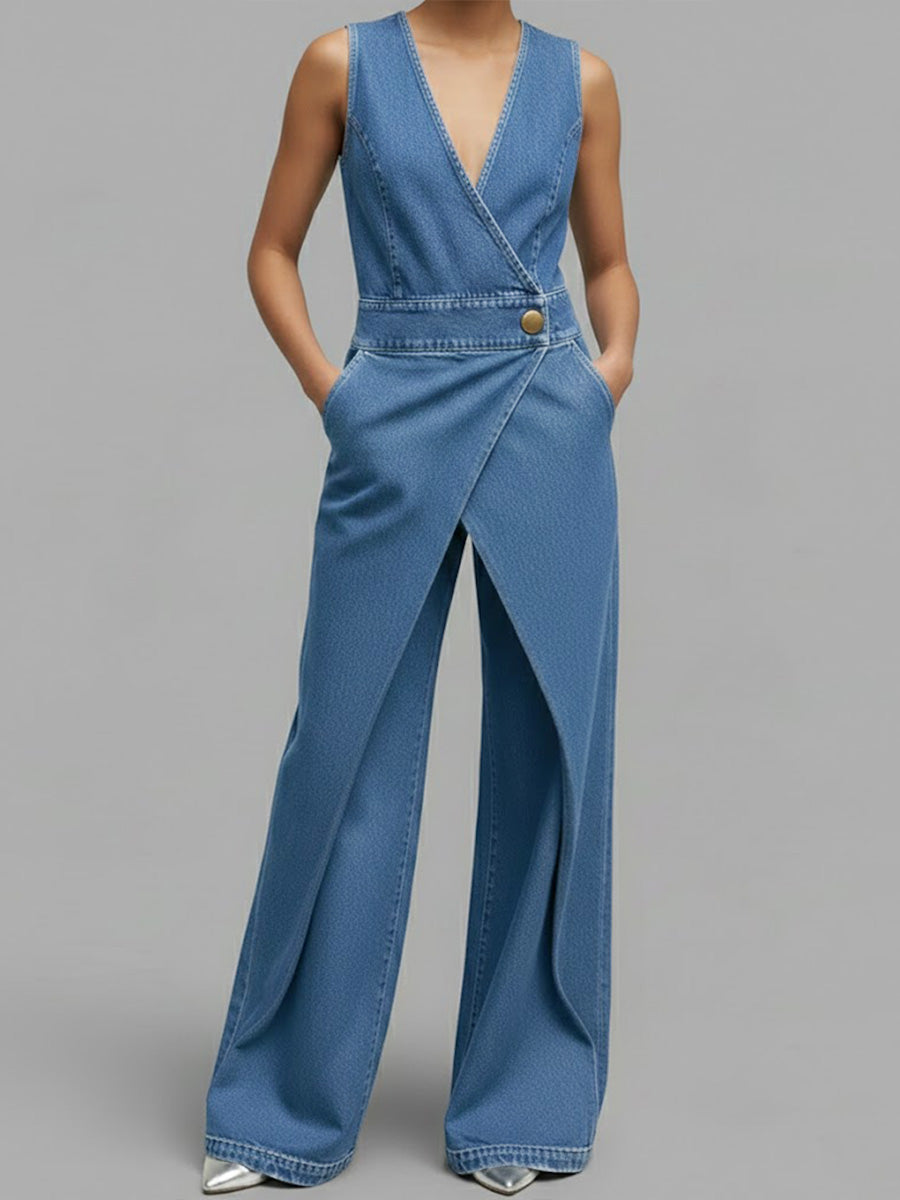 Women's V-neck Sleeveless Casual Loose Denim Wide-leg Jumpsuit-Soliroyal