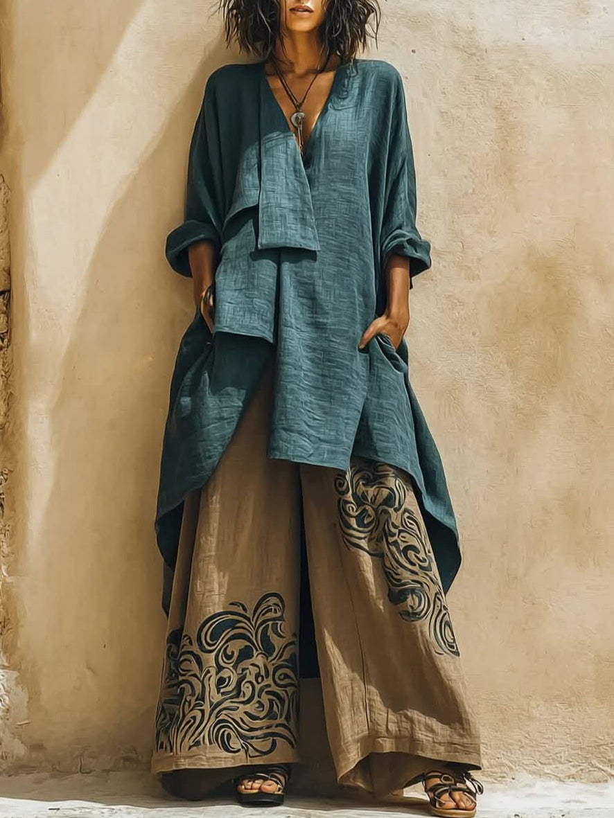 Boho Artistic Cut Long Shirt And Wide-leg Pants Cotton Linen Two-piece Set-Soliroyal
