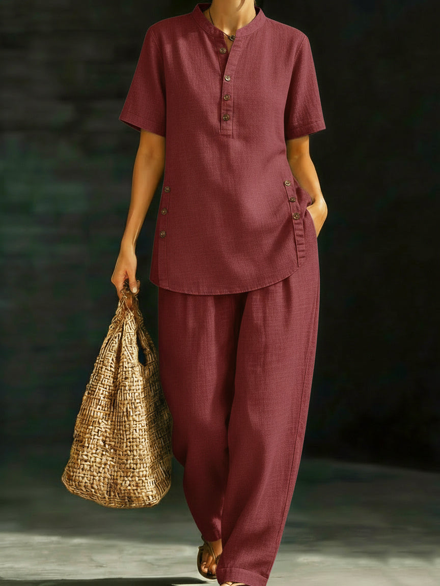 Cozy Casual Button Shirt And Wide-leg Pants Linen Two-piece Set-Soliroyal