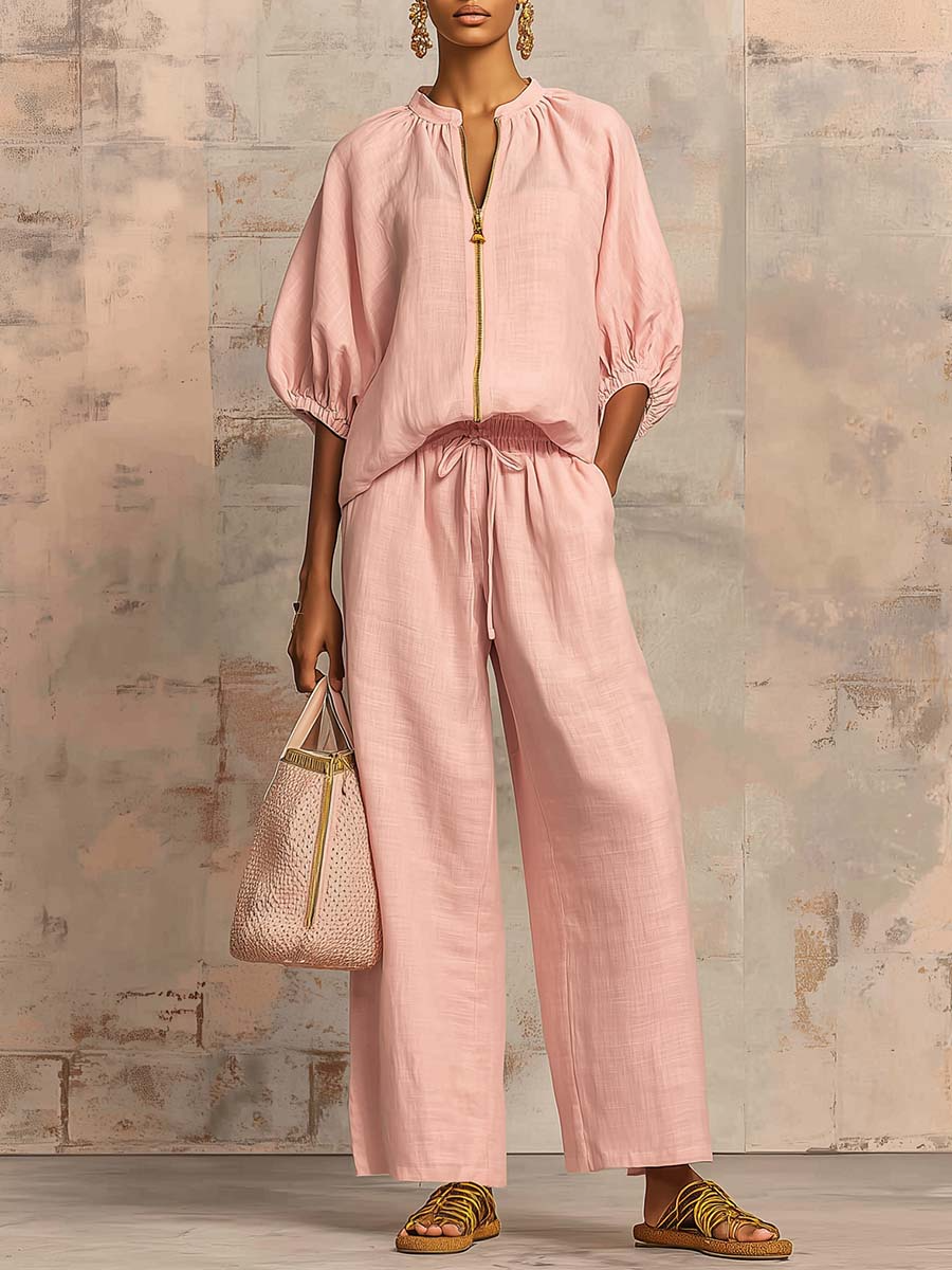 Stylish Cozy Shirt &amp; Wide-Leg Pants Linen Cotton Two-Piece Set-Soliroyal
