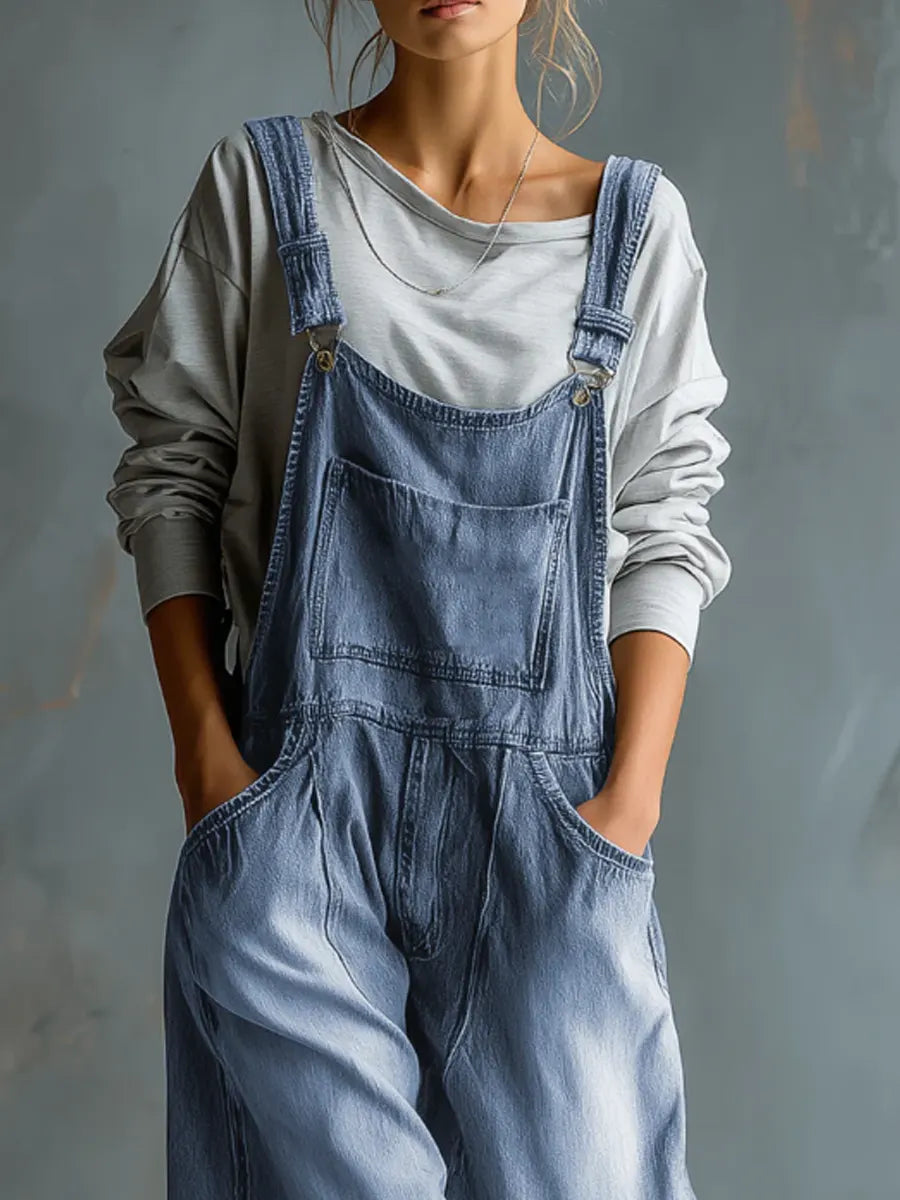 Women's Solid Color Art Casual Denim Jumpsuit-Soliroyal