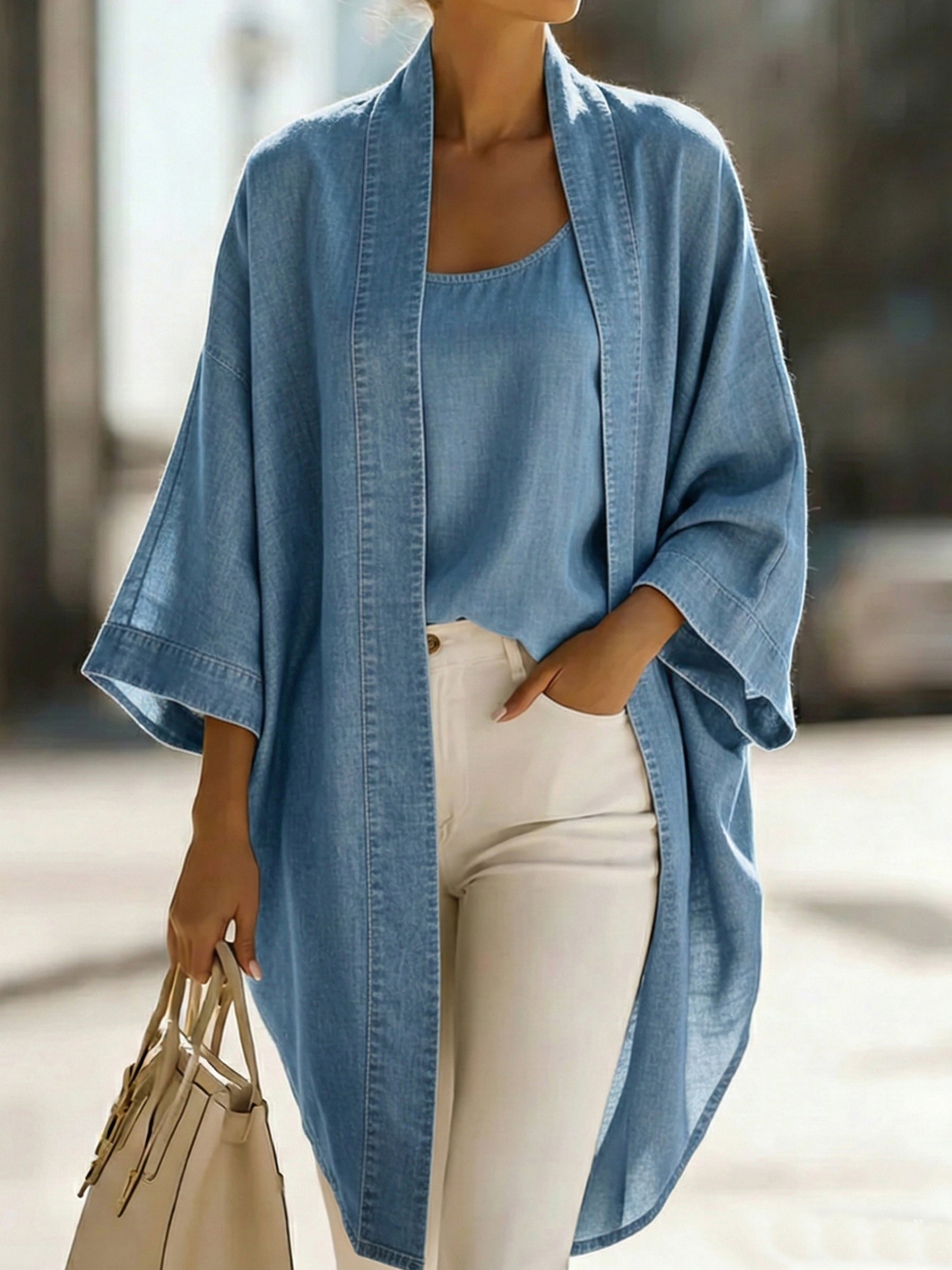 Women’s Casual Denim Two-Piece Set – Elegant Everyday Top & Wide-Leg Pants Outfit-Soliroyal