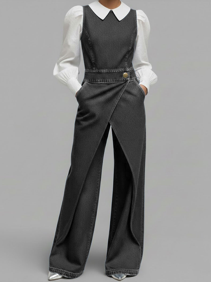 Women's Relaxed Round Neck Sleeveless Casual Loose Denim Wide-leg Jumpsuit-Soliroyal