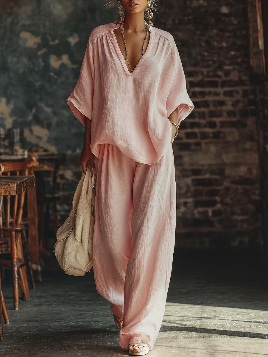 Cozy Minimalist Loose Linen Cotton Two-piece Set-Soliroyal