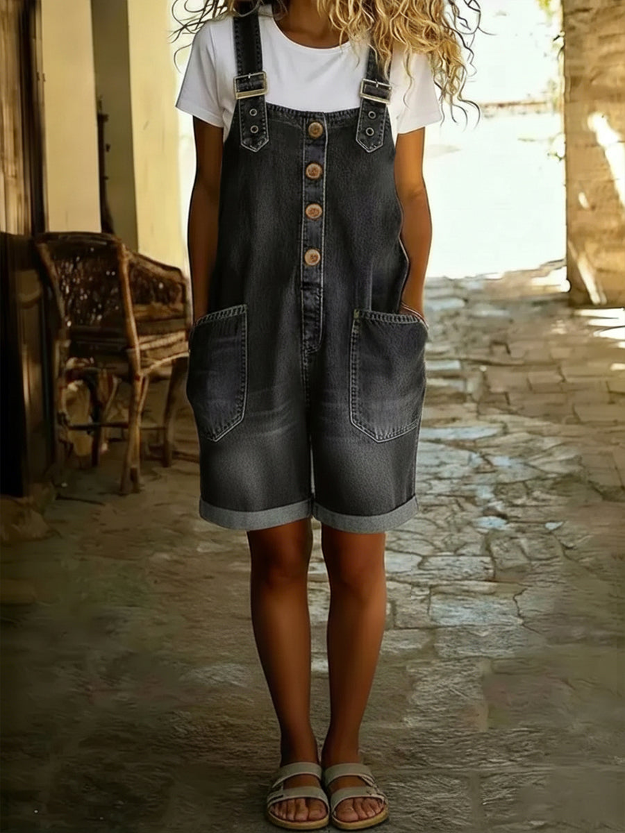 Casual Adjustable-strap Denim Jumpsuit Shorts-Soliroyal
