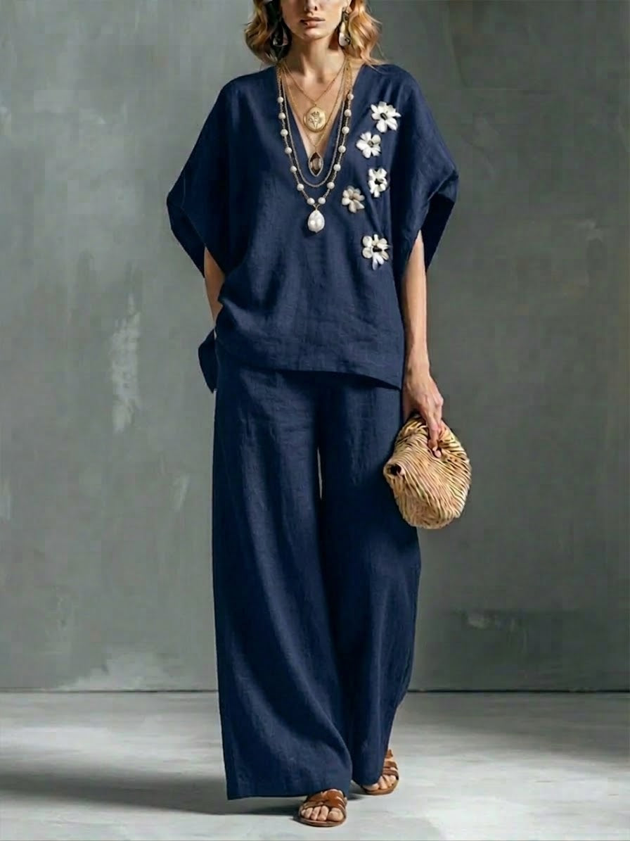 Casual Linen And Cotton Two-piece Set-Soliroyal