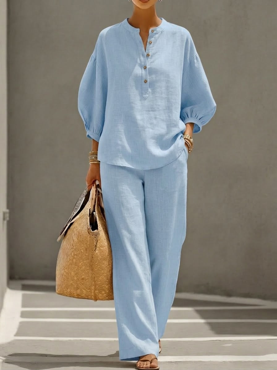 Casual Linen And Cotton Two-piece Set-Soliroyal