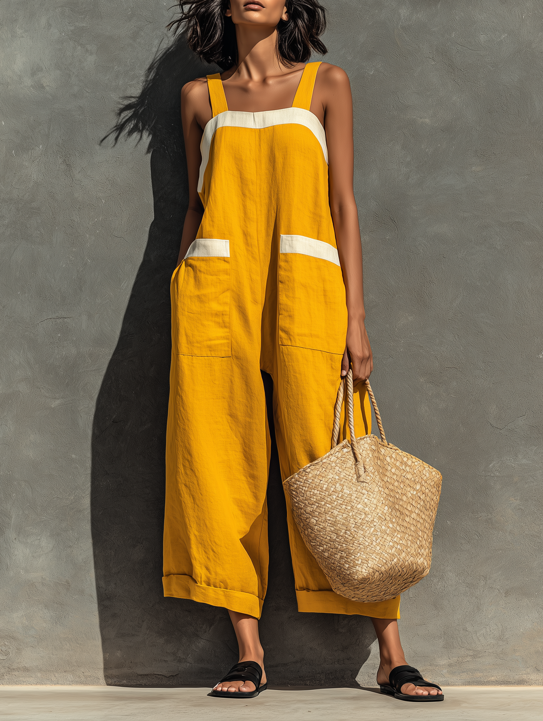 Women's Color-blocked Casual Cotton And Linen Jumpsuit-Soliroyal