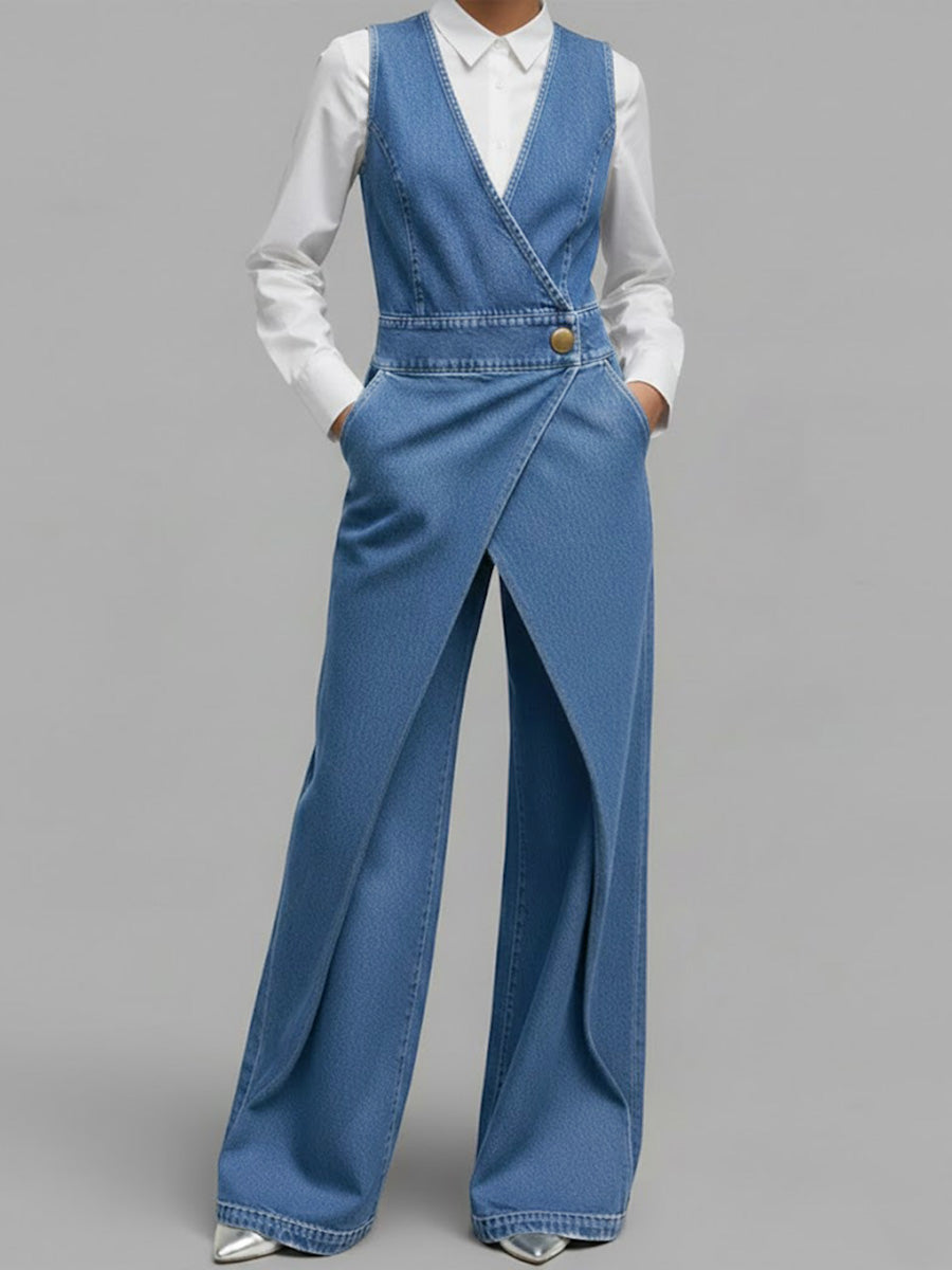 Women's V-neck Sleeveless Casual Loose Denim Wide-leg Jumpsuit-Soliroyal