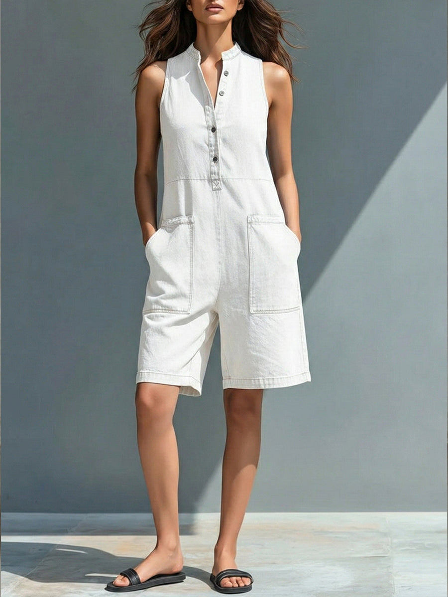Casual Sleeveless Denim Jumpsuit Shorts-Soliroyal