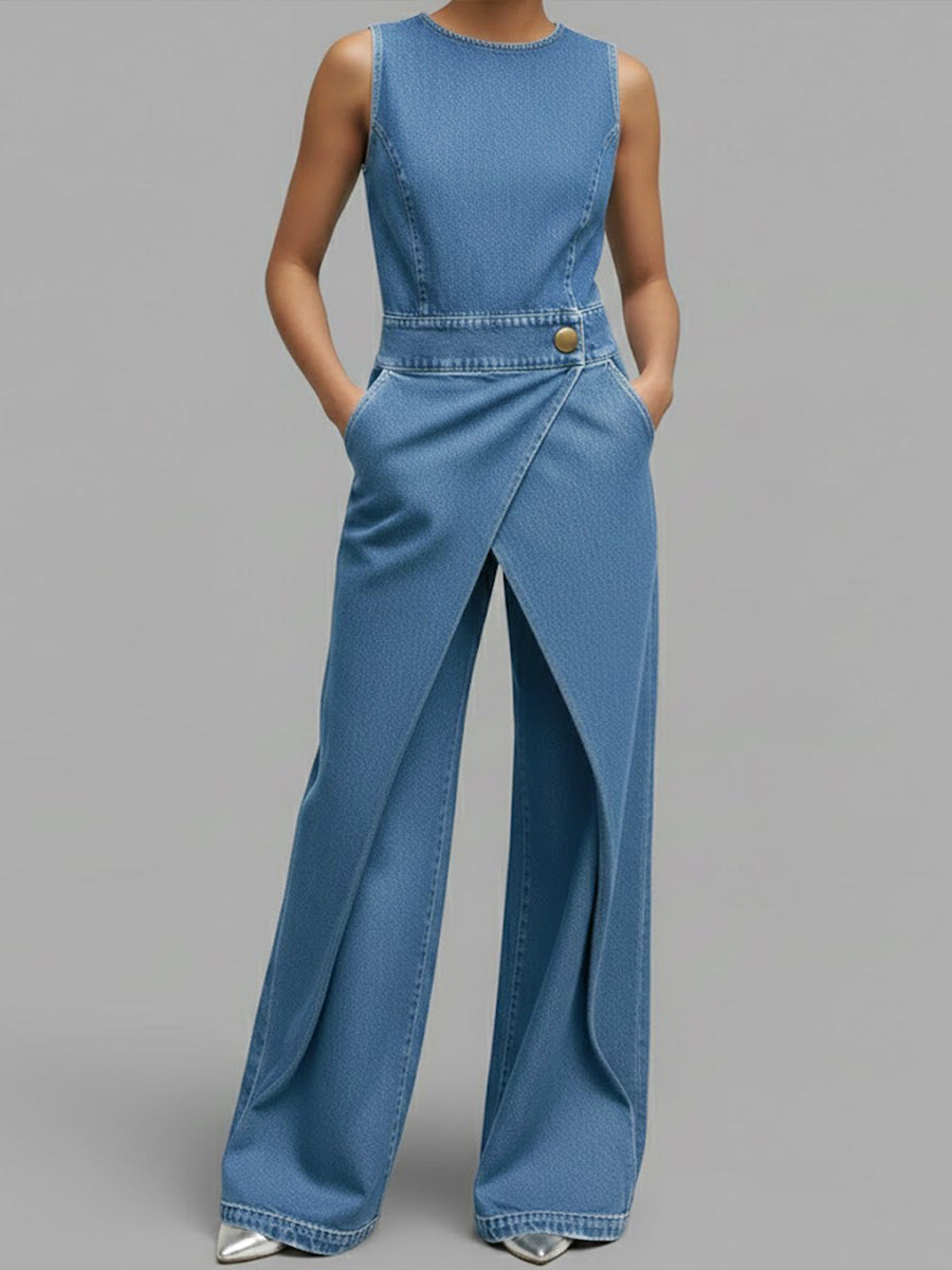 Women's Relaxed Round Neck Sleeveless Casual Loose Denim Wide-leg Jumpsuit-Soliroyal