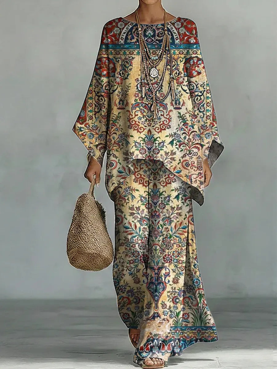 Women's Vintage Ethnic Art Comfortable Loose Cotton Linen Wide-leg Pants Two-piece Set-Soliroyal