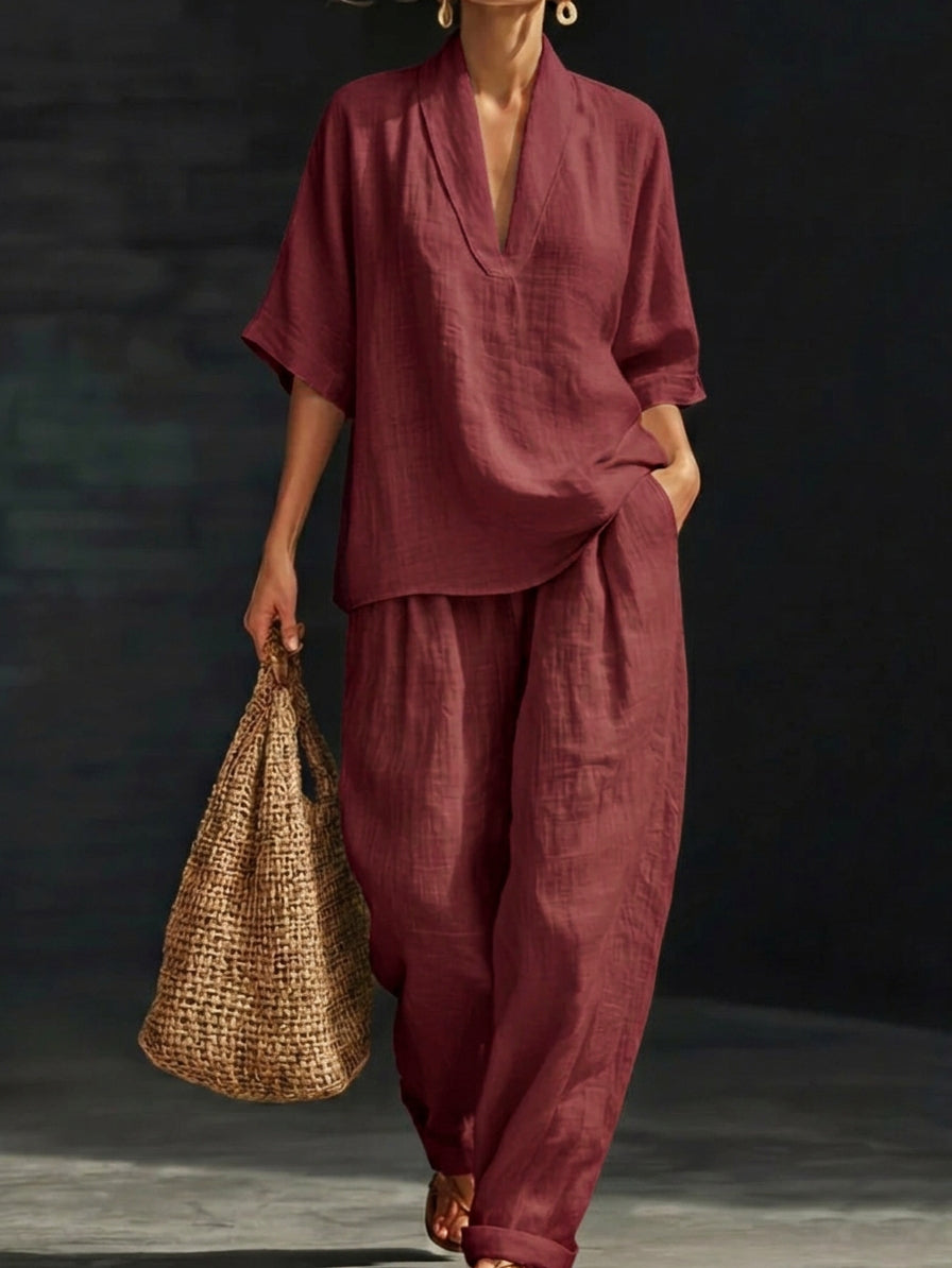 Casual And Cozy Minimalist Linen Two-piece Set-Soliroyal