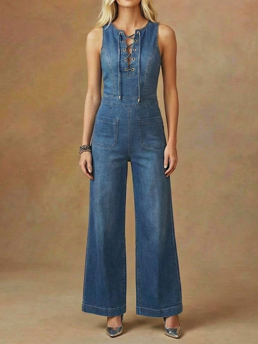 Women's Sleeveless Denim Jumpsuit With Tie-neck Detail-Soliroyal