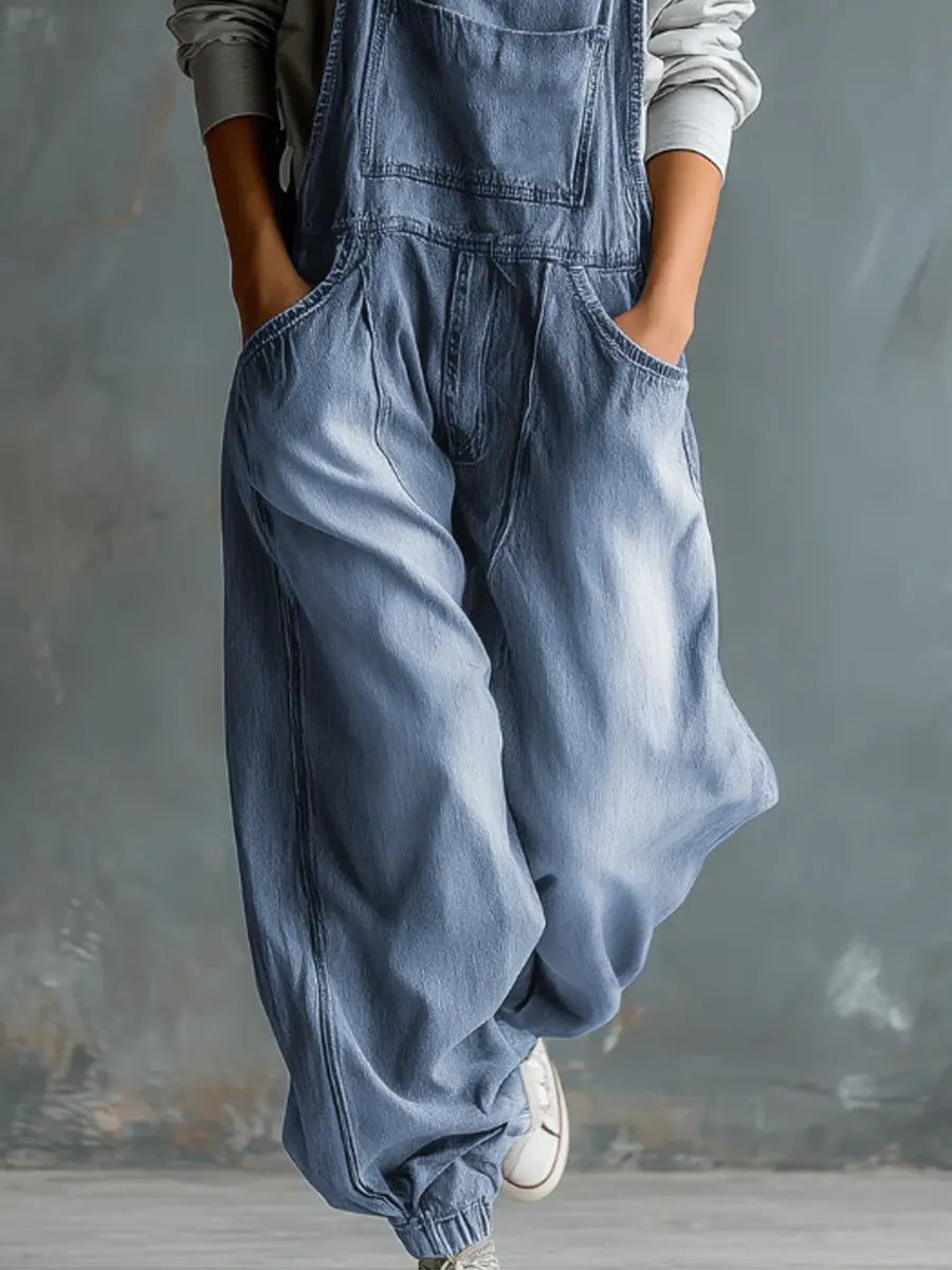 Women's Solid Color Art Casual Denim Jumpsuit-Soliroyal