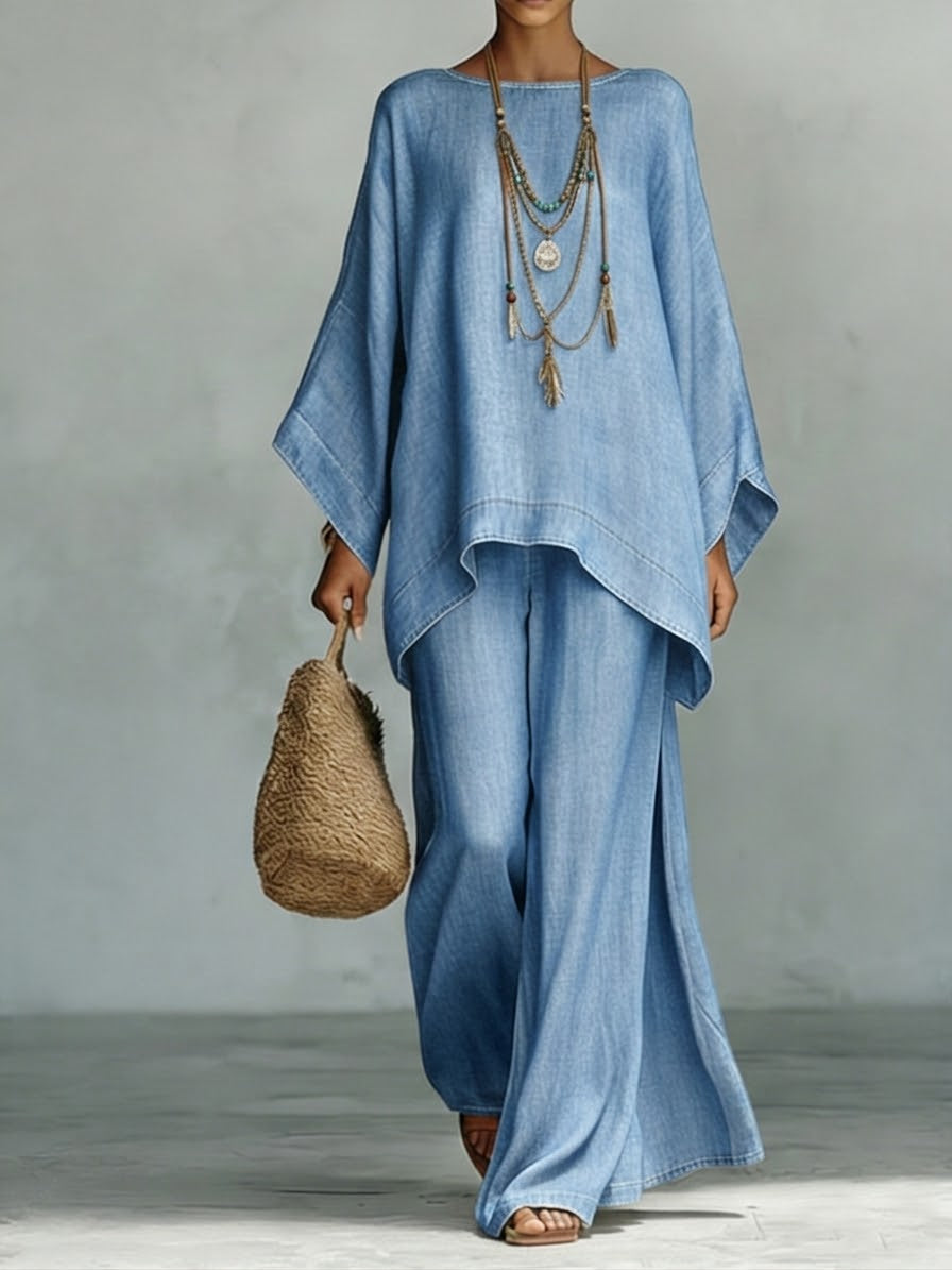 Cozy And Casual Tencel Denim Top And Wide-leg Pants Two-piece Set-Soliroyal
