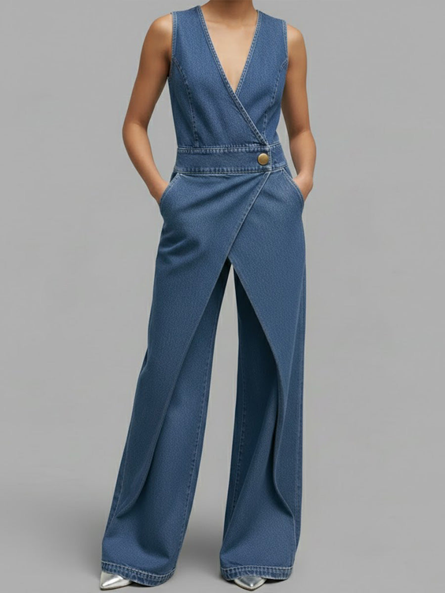 Women's V-neck Sleeveless Casual Loose Denim Wide-leg Jumpsuit-Soliroyal