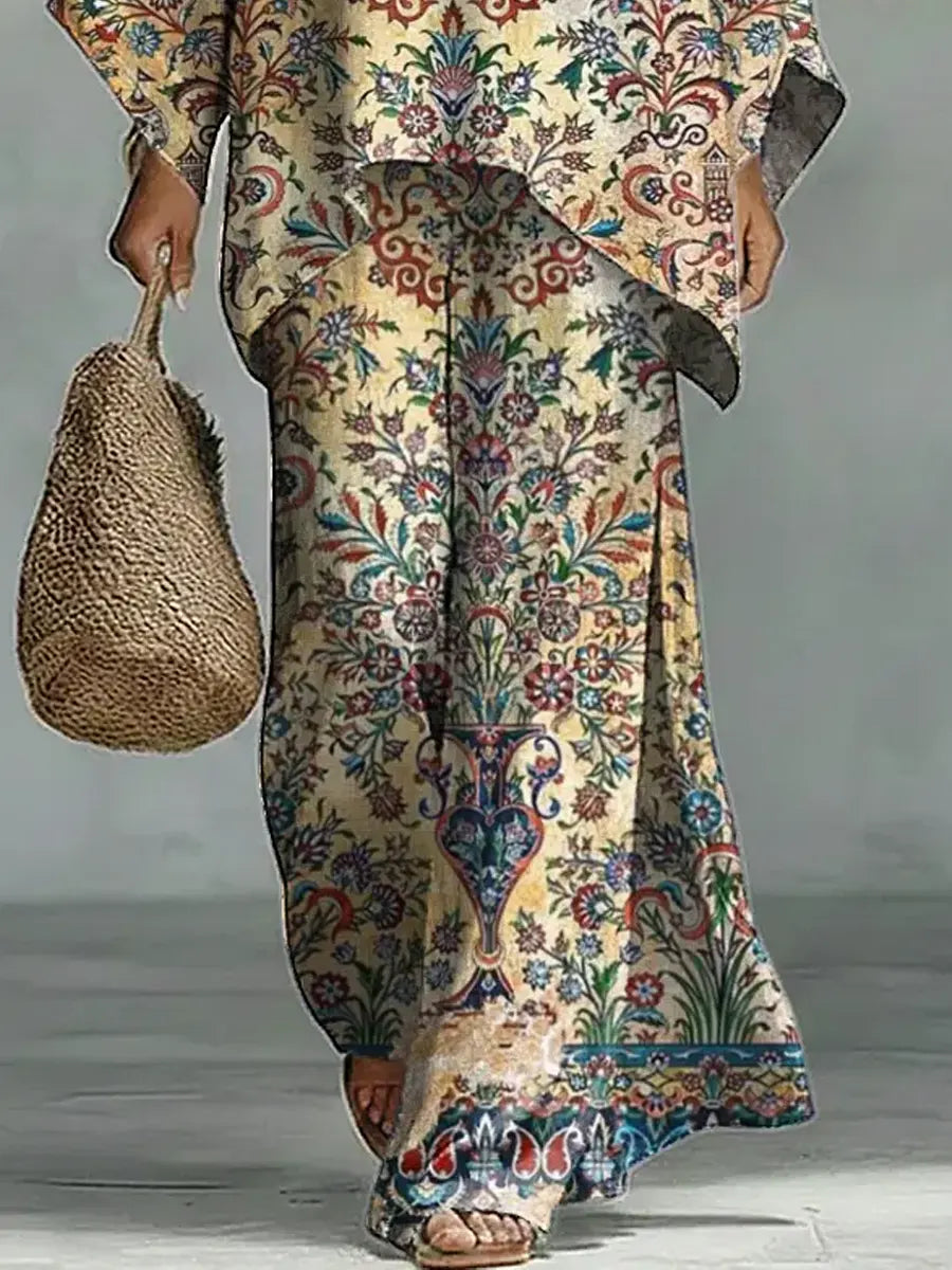 Women's Vintage Ethnic Art Comfortable Loose Cotton Linen Wide-leg Pants Two-piece Set-Soliroyal