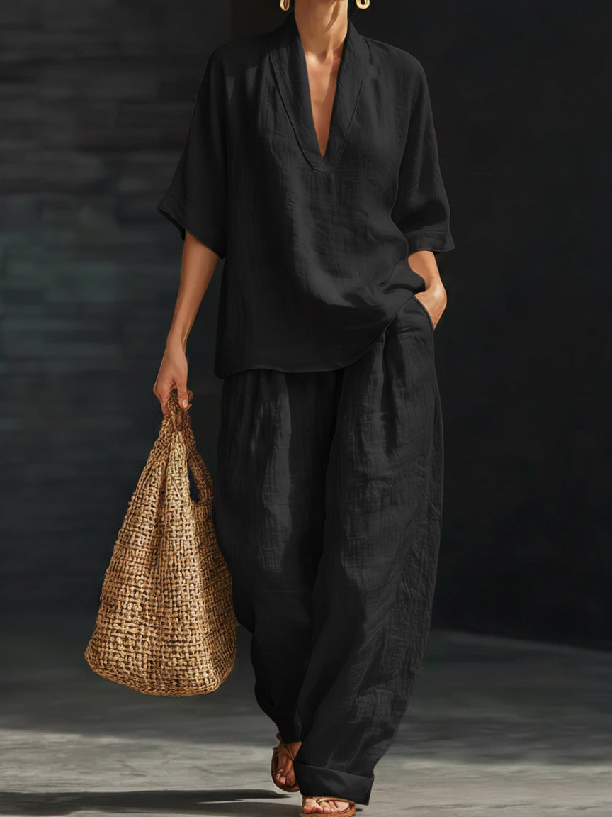 Casual And Cozy Minimalist Linen Two-piece Set-Soliroyal