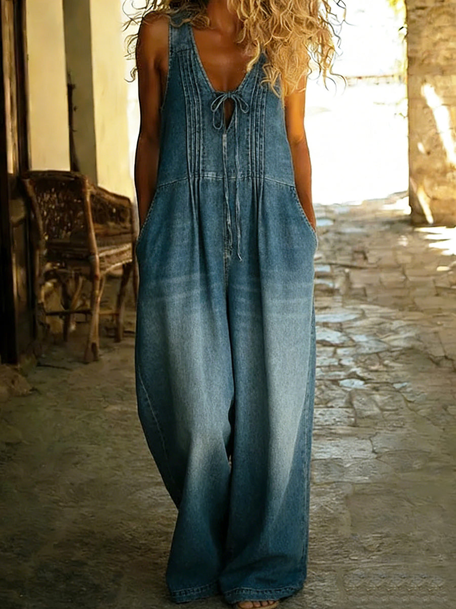 Casual Pleated Drawstring Loose Denim Jumpsuit-Soliroyal