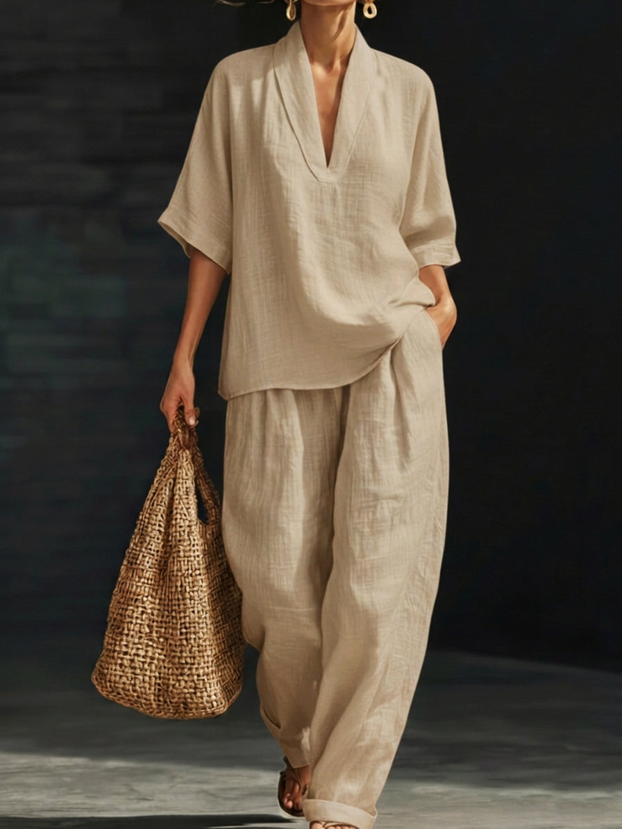 Casual And Cozy Minimalist Linen Two-piece Set-Soliroyal