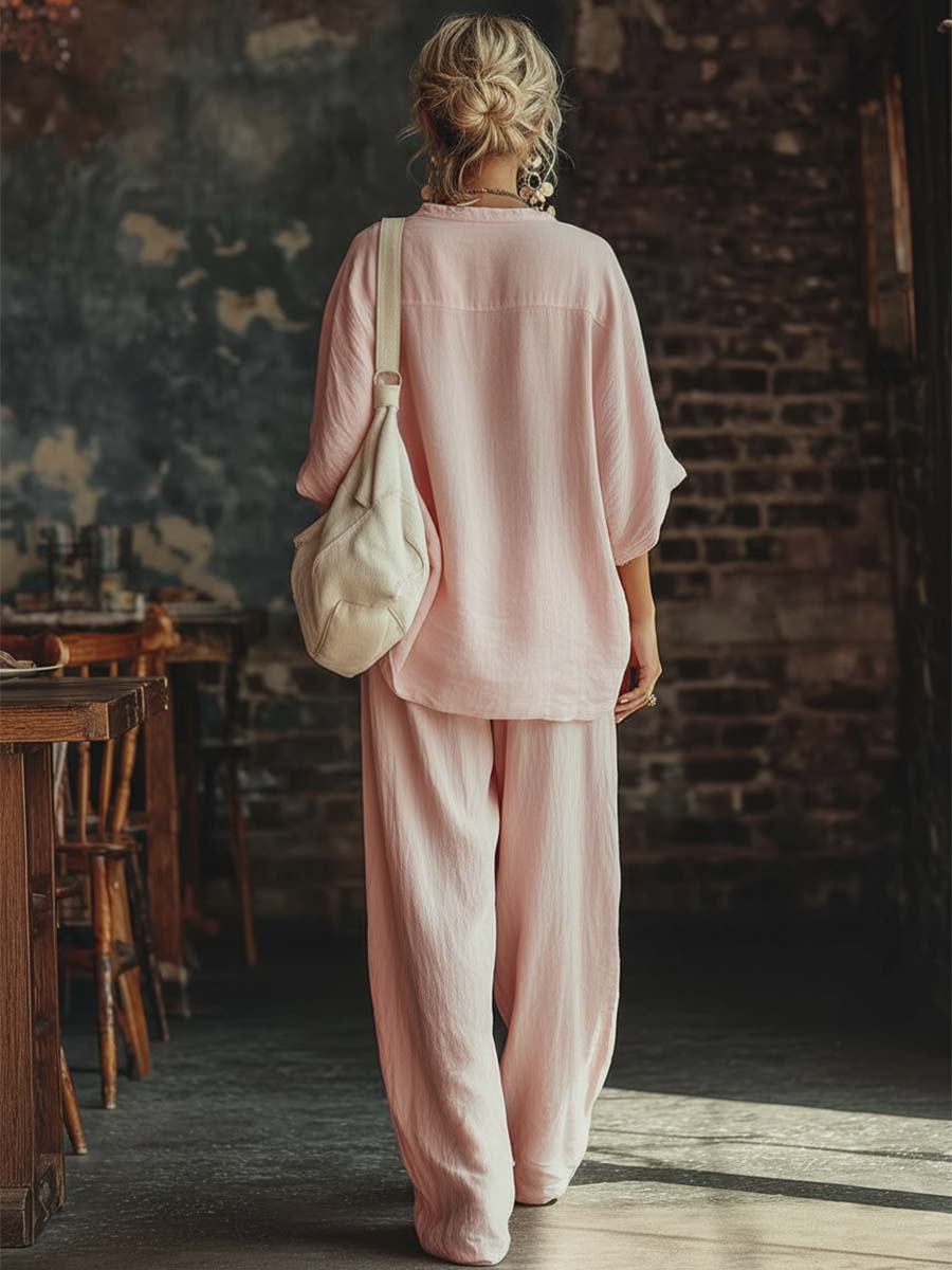 Cozy Minimalist Loose Linen Cotton Two-piece Set-Soliroyal