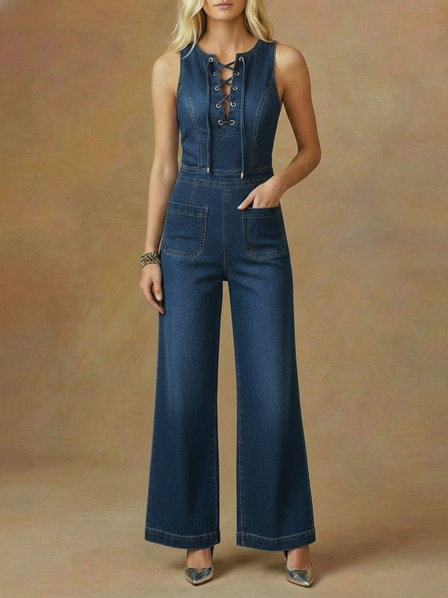 Women's Sleeveless Denim Jumpsuit With Tie-neck Detail-Soliroyal
