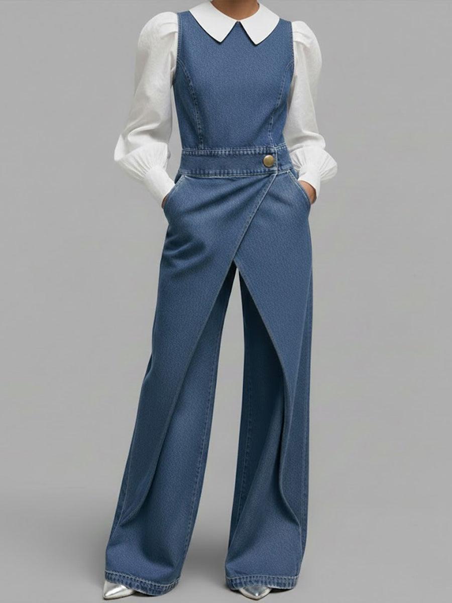 Women's Relaxed Round Neck Sleeveless Casual Loose Denim Wide-leg Jumpsuit-Soliroyal