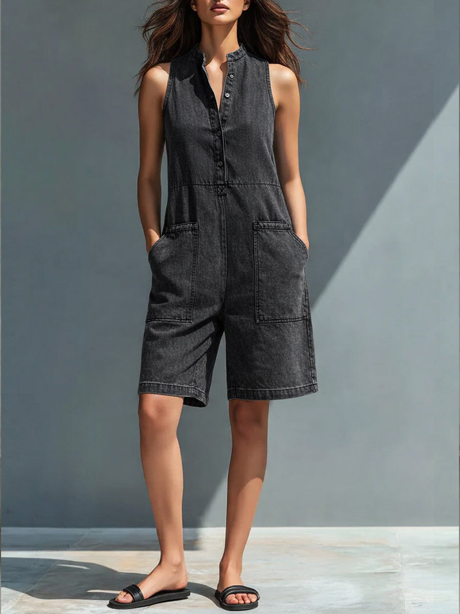 Casual Sleeveless Denim Jumpsuit Shorts-Soliroyal